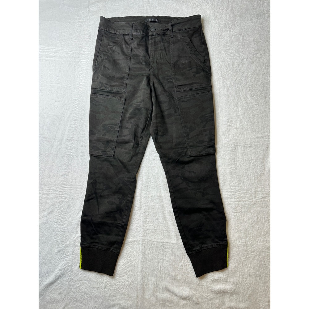 Level 99 Cargo Jogger Pants Womens 29 Black Camo Neon Yellow Zip SC2F57